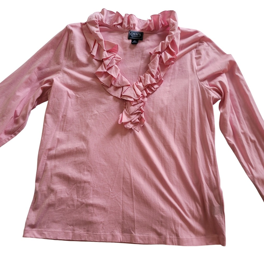 Chaps Classics Pink Long Sleeve‎ Ruffle Neck Cotton Top Women XL